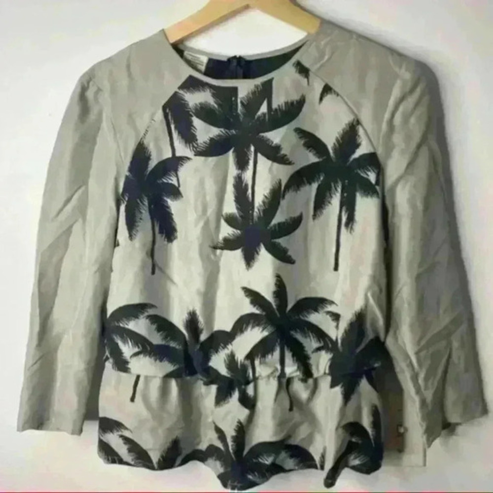 Baum Und Pferdgarten Palm Tree Print 100% Silk Elastic Waist Blouse Sz 36 NWOT